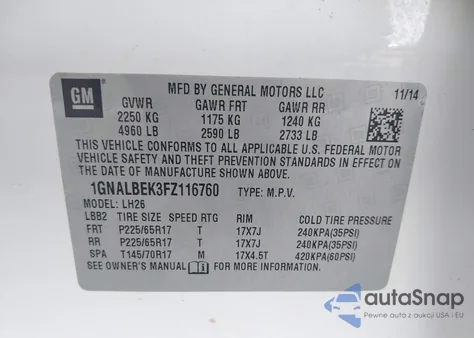 2015 Chevrolet Equinox 1Lt from USA, damaged, VIN 1GNALBEK3FZ116760